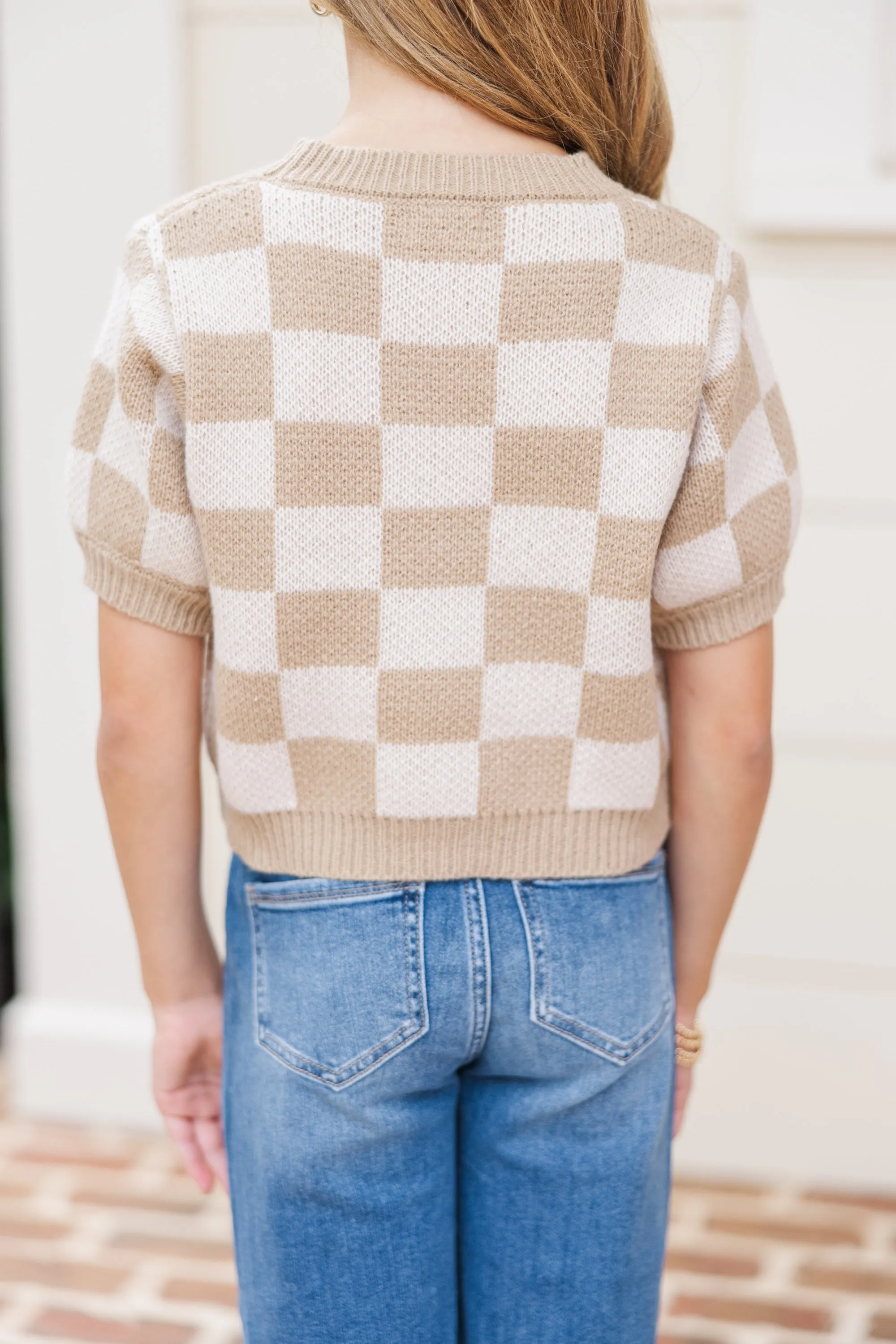 Girls: Love Like That Latte Brown Checkered Crop Sweater