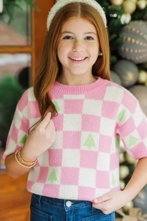Girls: Love Like That Pink Holiday Checkered Crop Sweater