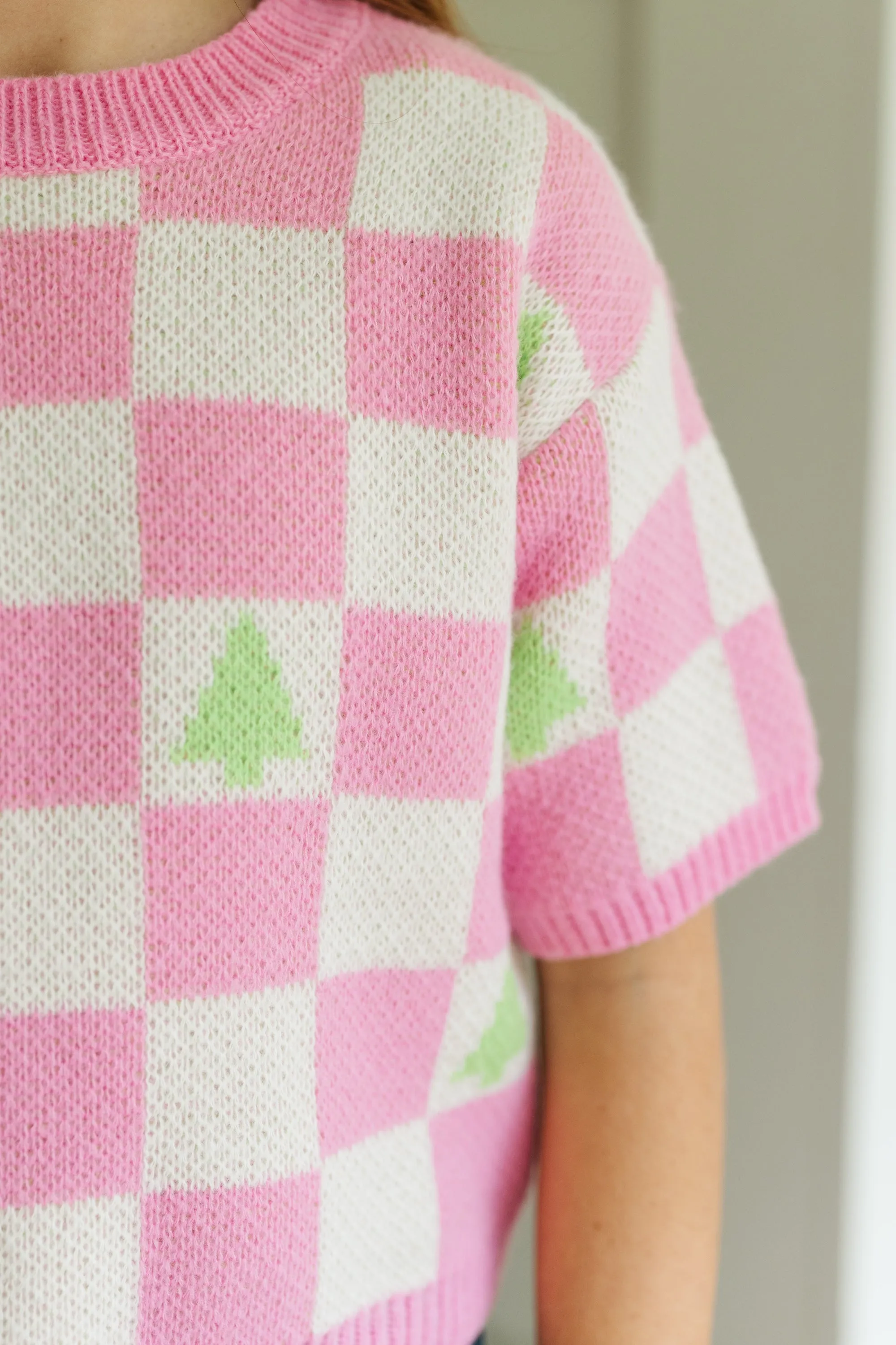 Girls: Love Like That Pink Holiday Checkered Crop Sweater