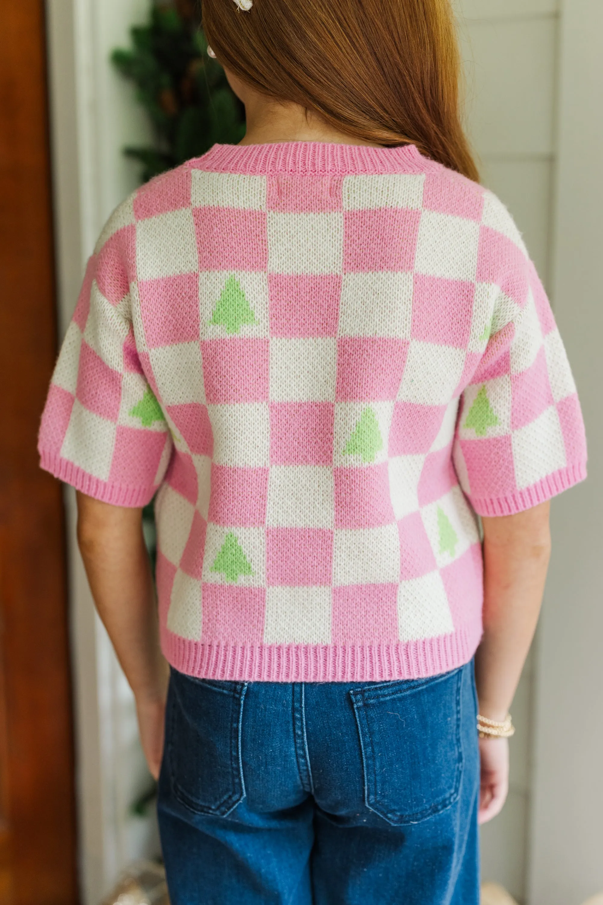 Girls: Love Like That Pink Holiday Checkered Crop Sweater