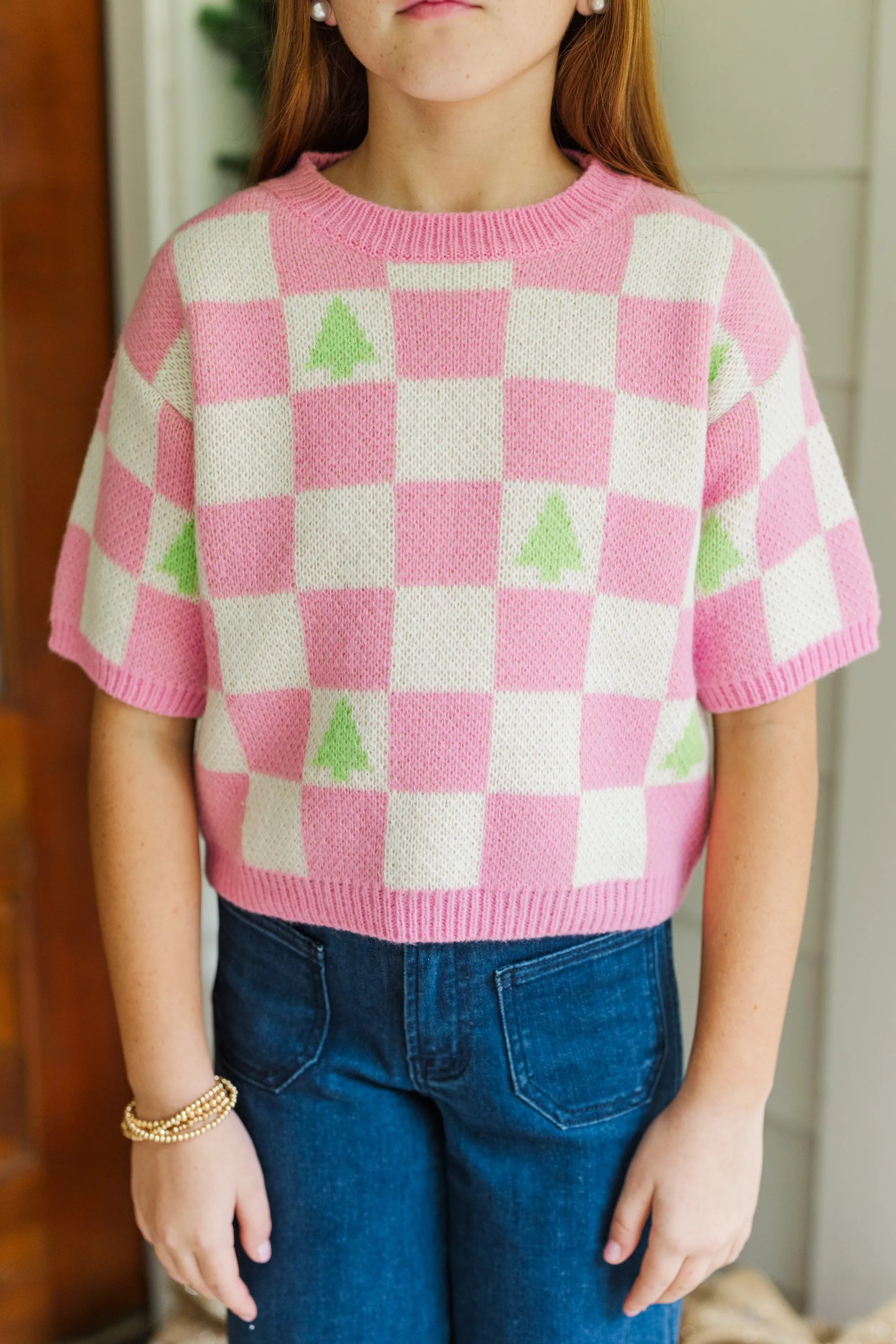 Girls: Love Like That Pink Holiday Checkered Crop Sweater