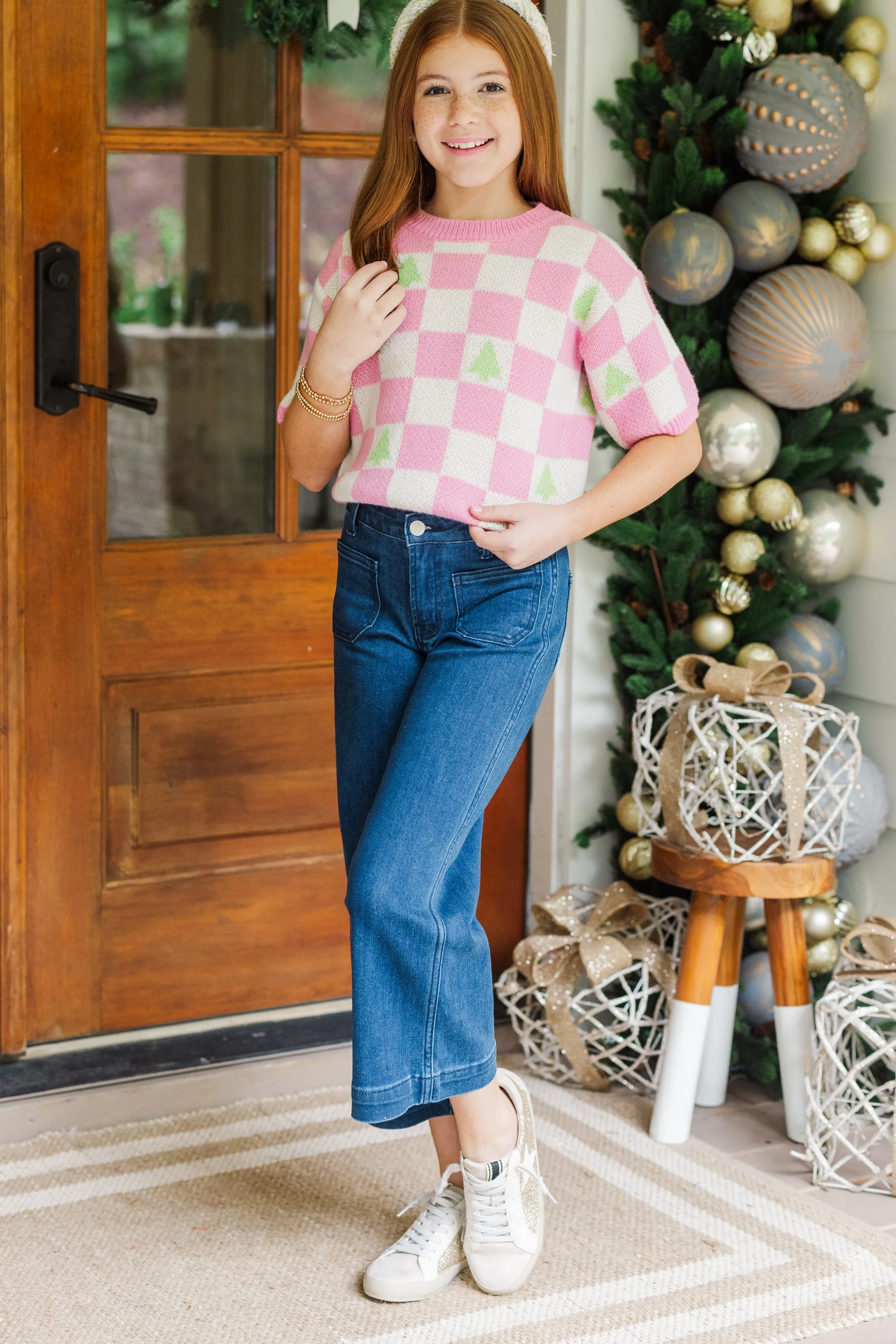 Girls: Love Like That Pink Holiday Checkered Crop Sweater