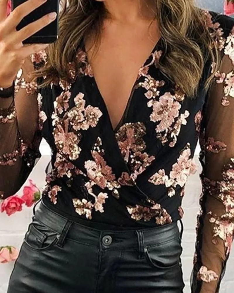 Glamorous Sheer Mesh Sequin Bodysuit with Deep V-Neckline