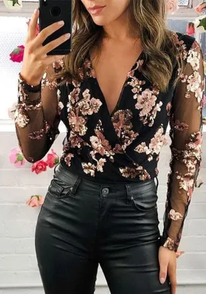 Glamorous Sheer Mesh Sequin Bodysuit with Deep V-Neckline