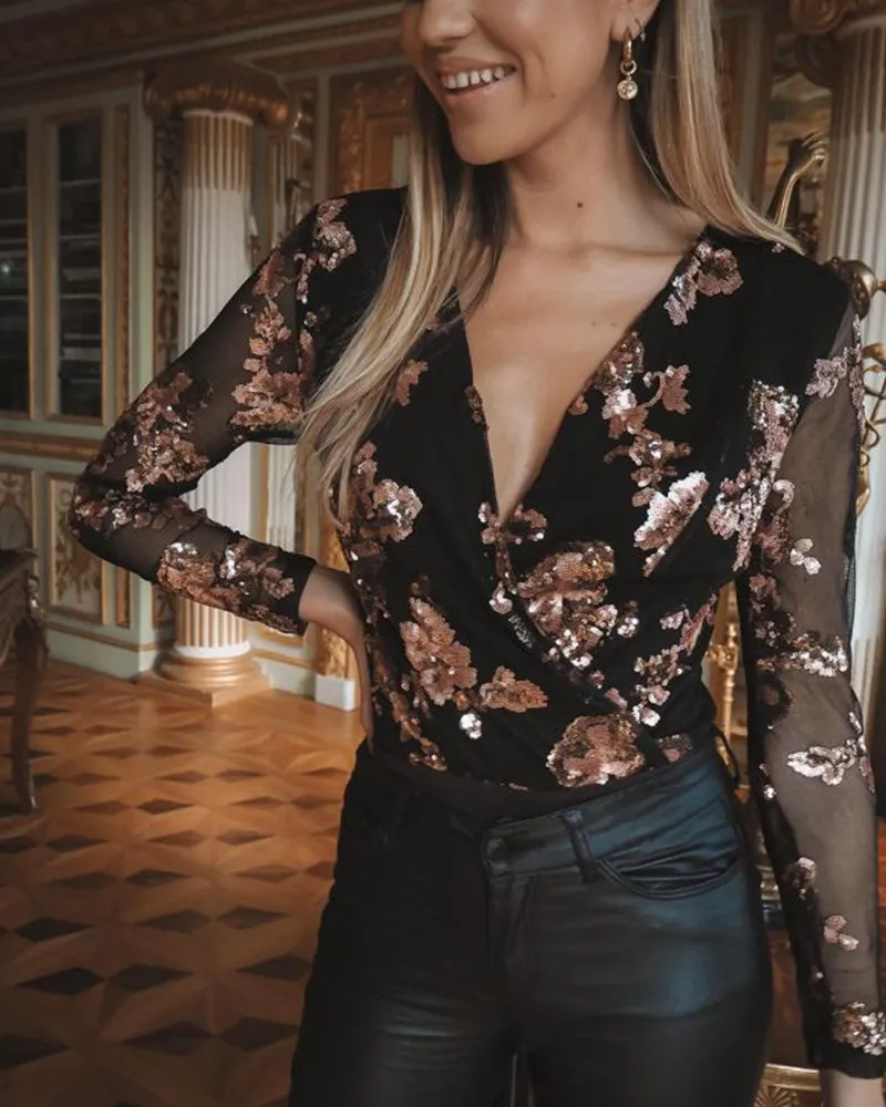 Glamorous Sheer Mesh Sequin Bodysuit with Deep V-Neckline