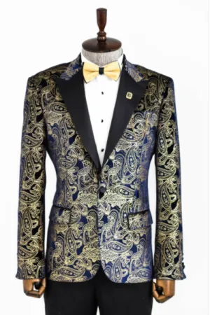 Gold Blue Patterned Over Navy Blue Men Prom Blazer - Wessi
