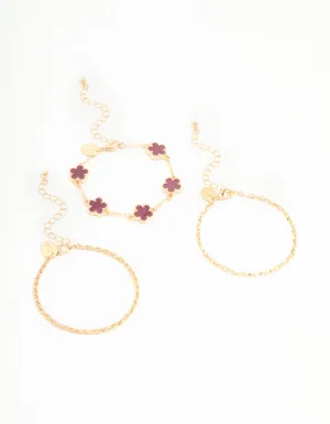 Gold Chain & Red Flower Bracelets 3-Pack