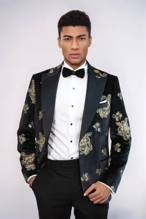 Gold Floral Patterned Shiny Black Men Prom Blazer - Wessi