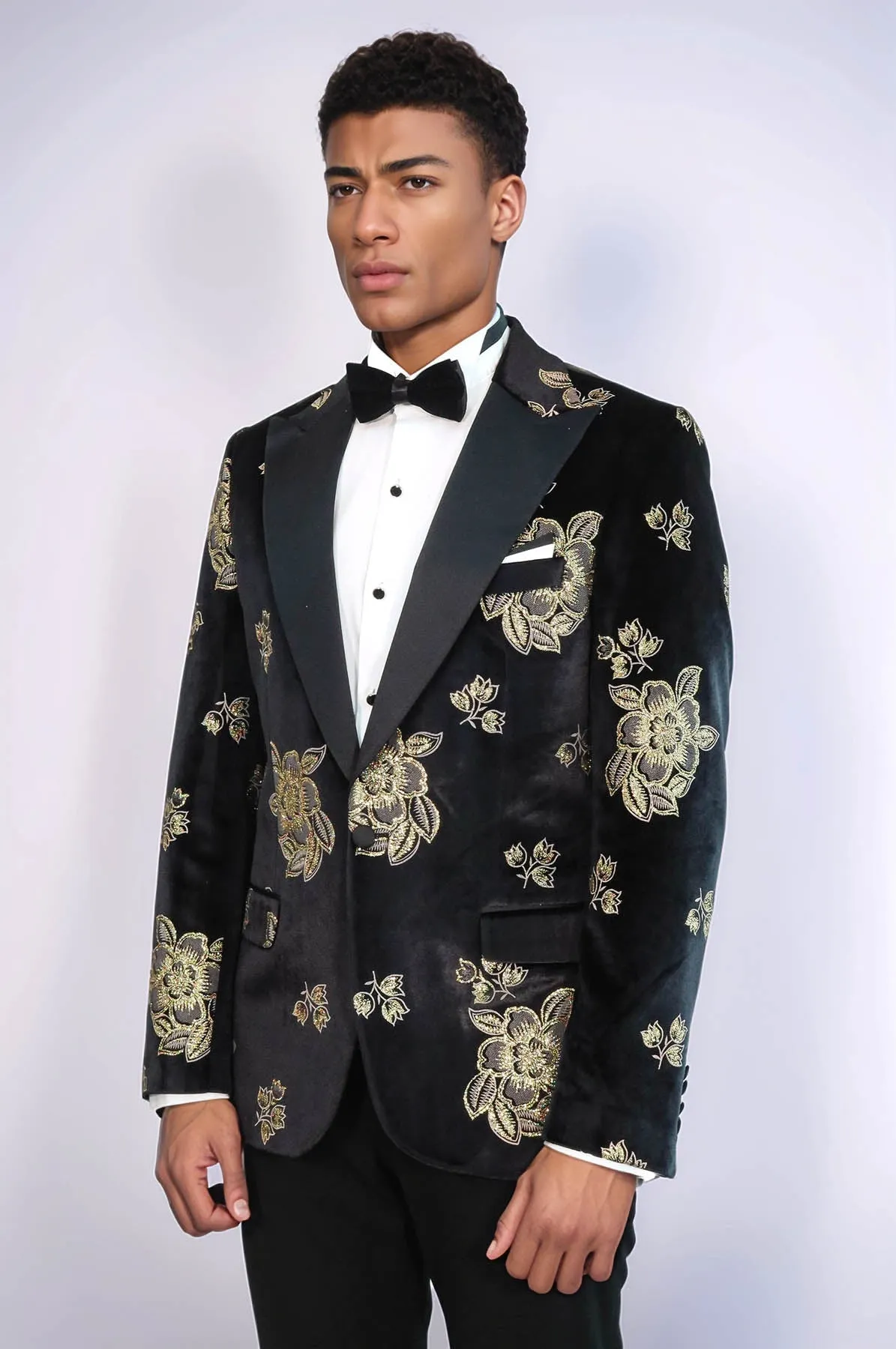 Gold Floral Patterned Shiny Black Men Prom Blazer - Wessi