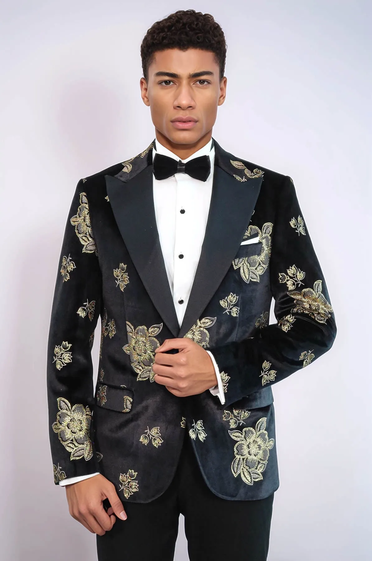 Gold Floral Patterned Shiny Black Men Prom Blazer - Wessi