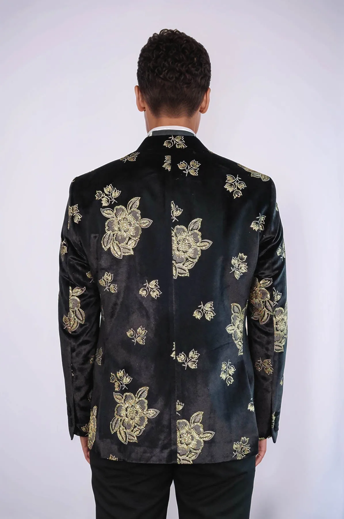 Gold Floral Patterned Shiny Black Men Prom Blazer - Wessi