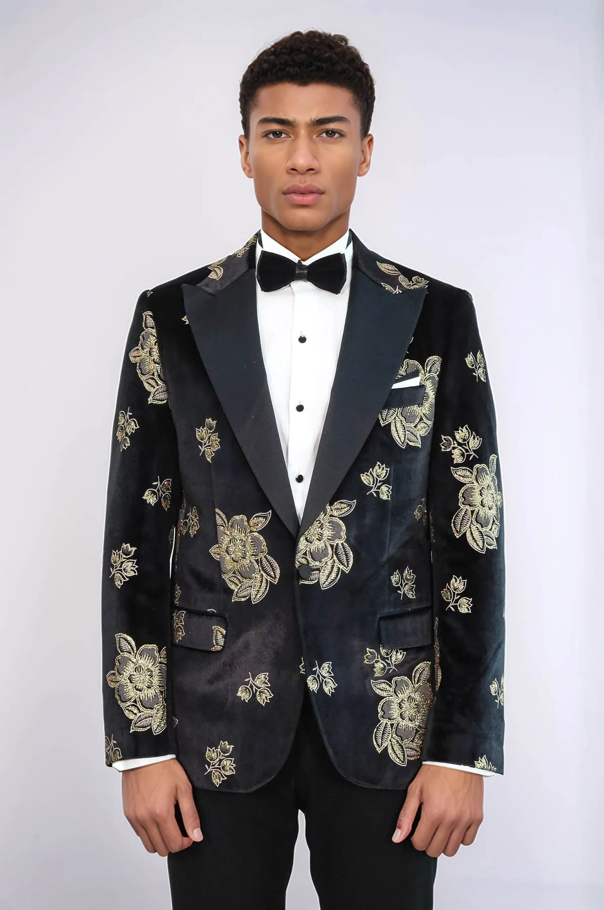 Gold Floral Patterned Shiny Black Men Prom Blazer - Wessi