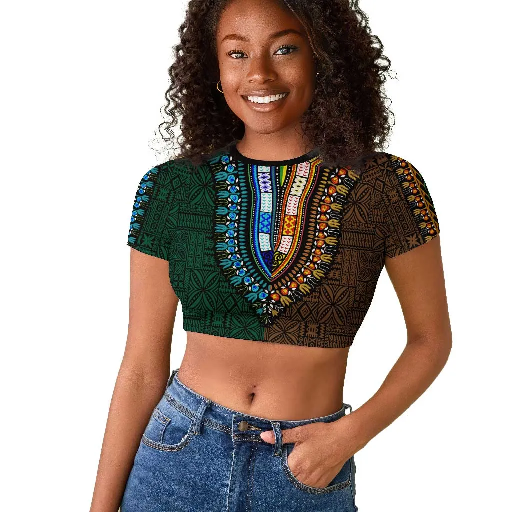 Green-gold Dashiki and Tapa Pattern Raglan Cropped T shirt Africa-Polynesia Together Culture LT9