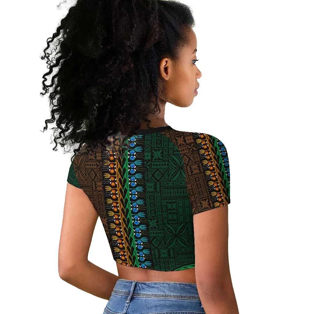 Green-gold Dashiki and Tapa Pattern Raglan Cropped T shirt Africa-Polynesia Together Culture LT9