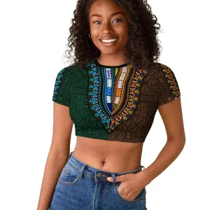 Green-gold Dashiki and Tapa Pattern Raglan Cropped T shirt Africa-Polynesia Together Culture LT9