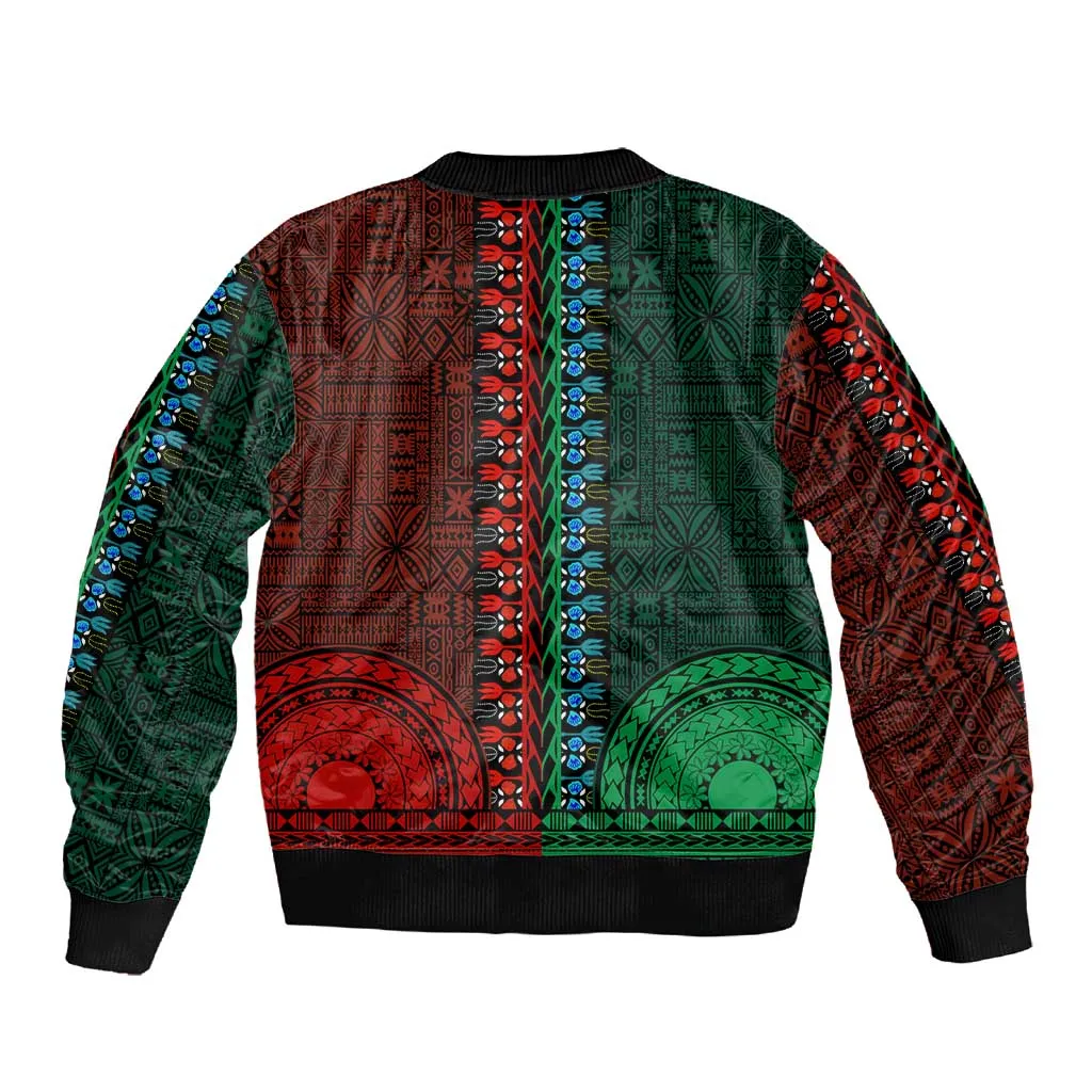 Green-red Dashiki and Tapa Pattern Sleeve Zip Bomber Jacket Africa-Polynesia Together Culture LT9