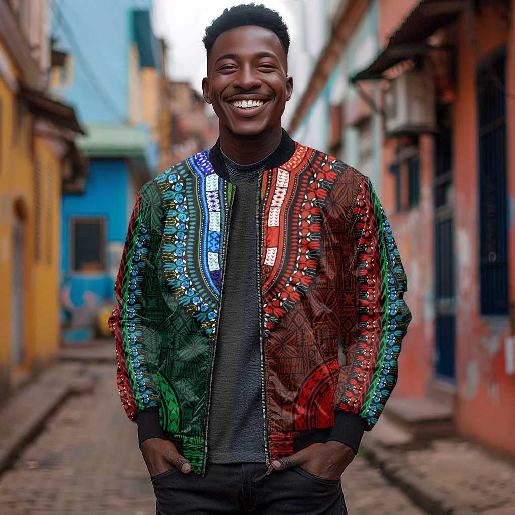 Green-red Dashiki and Tapa Pattern Sleeve Zip Bomber Jacket Africa-Polynesia Together Culture LT9