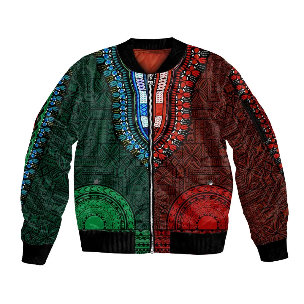 Green-red Dashiki and Tapa Pattern Sleeve Zip Bomber Jacket Africa-Polynesia Together Culture LT9