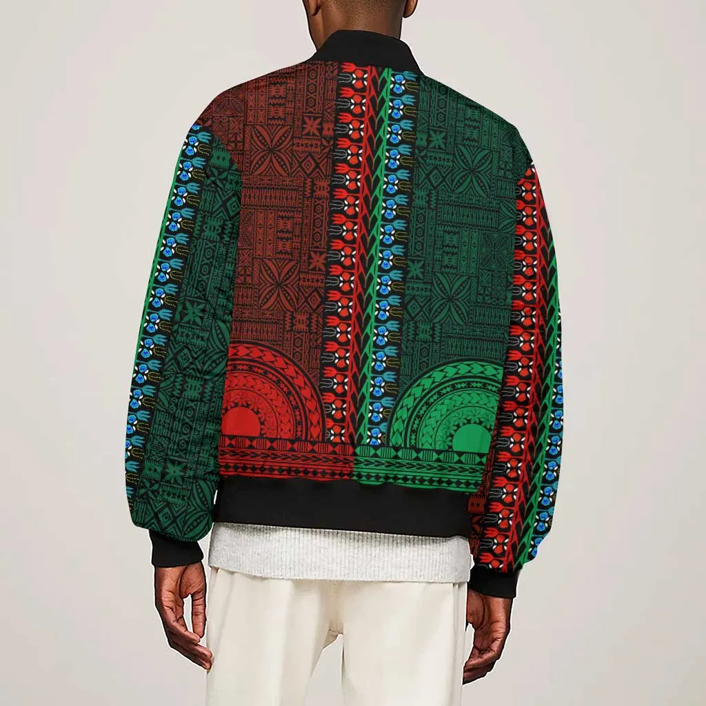 Green-red Dashiki and Tapa Pattern Sleeve Zip Bomber Jacket Africa-Polynesia Together Culture LT9