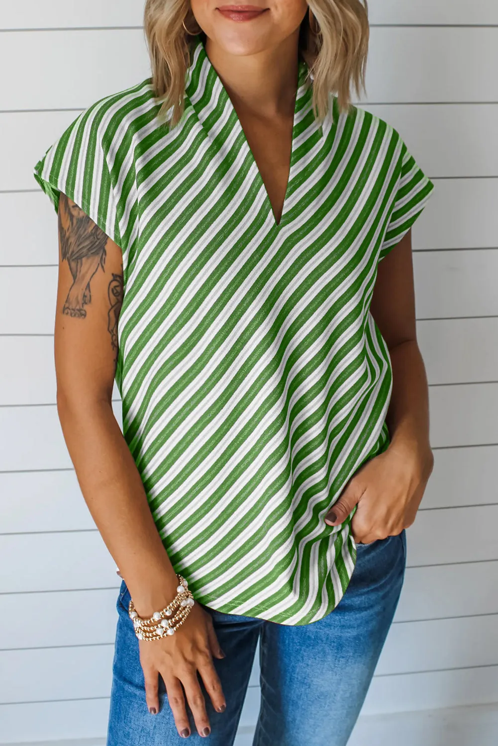 Green Striped Stand V Neck Short Sleeve Blouse