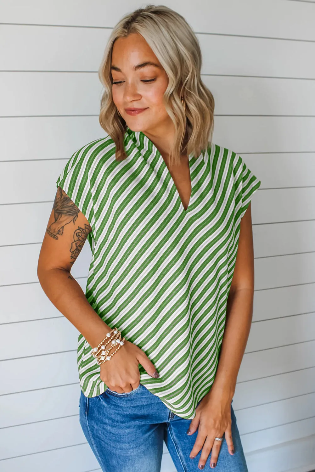 Green Striped Stand V Neck Short Sleeve Blouse