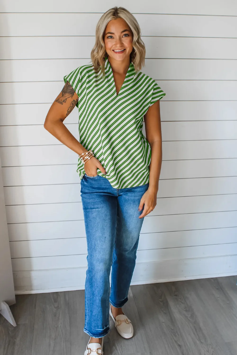 Green Striped Stand V Neck Short Sleeve Blouse