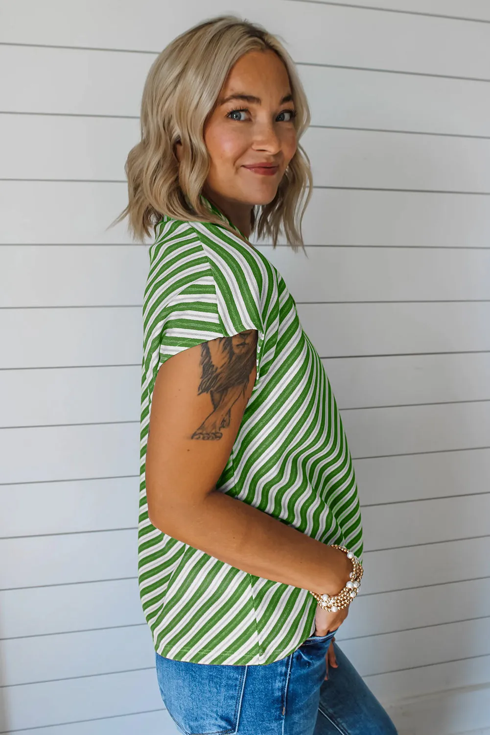 Green Striped Stand V Neck Short Sleeve Blouse