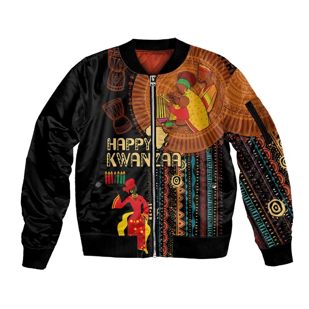 Happy Kwanzaa African Sleeve Zip Bomber Jacket - Tribal Pattern LT03