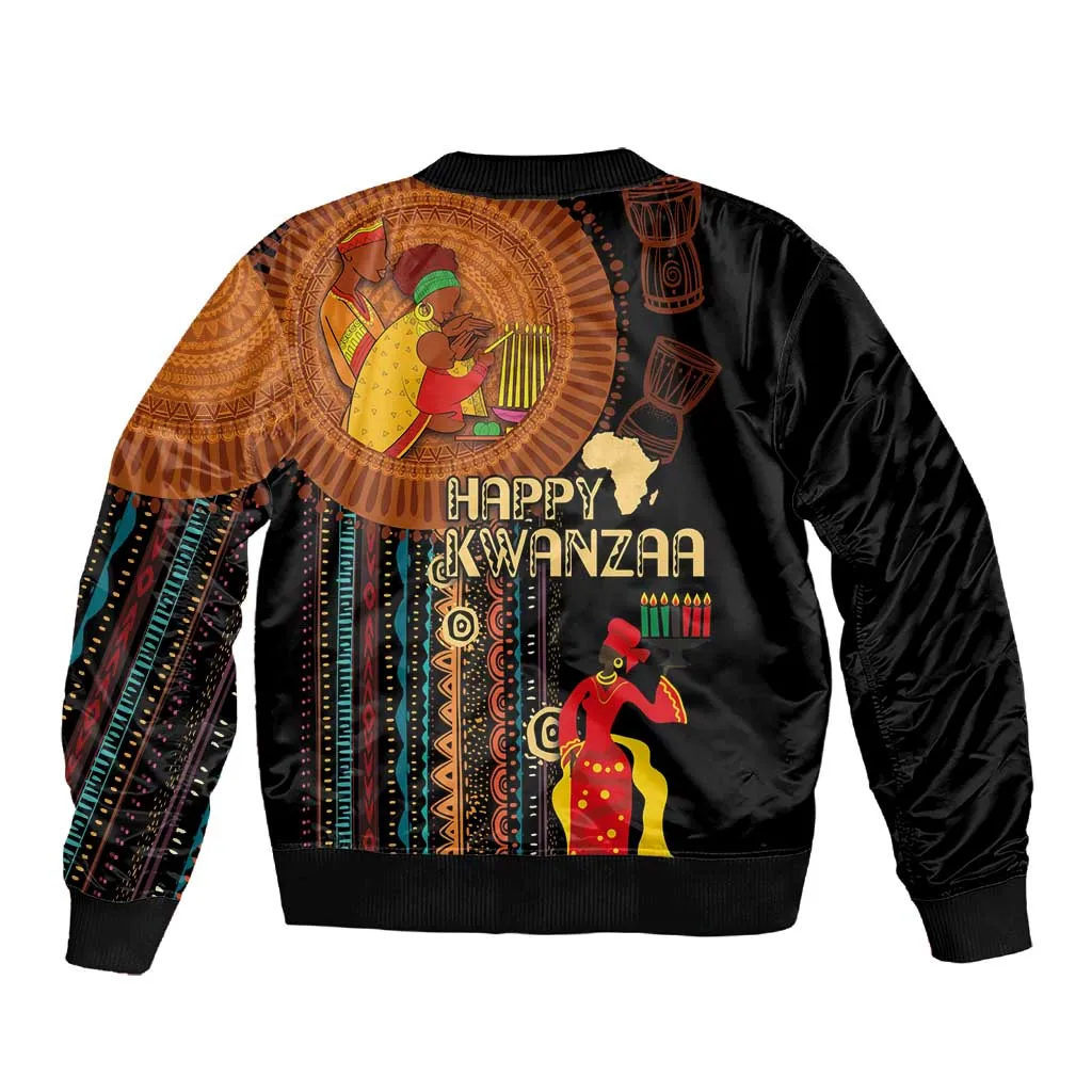 Happy Kwanzaa African Sleeve Zip Bomber Jacket - Tribal Pattern LT03