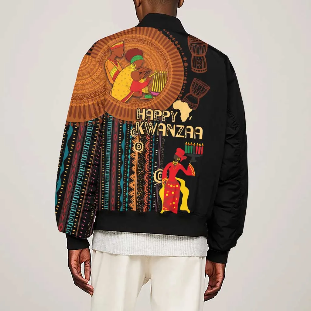 Happy Kwanzaa African Sleeve Zip Bomber Jacket - Tribal Pattern LT03