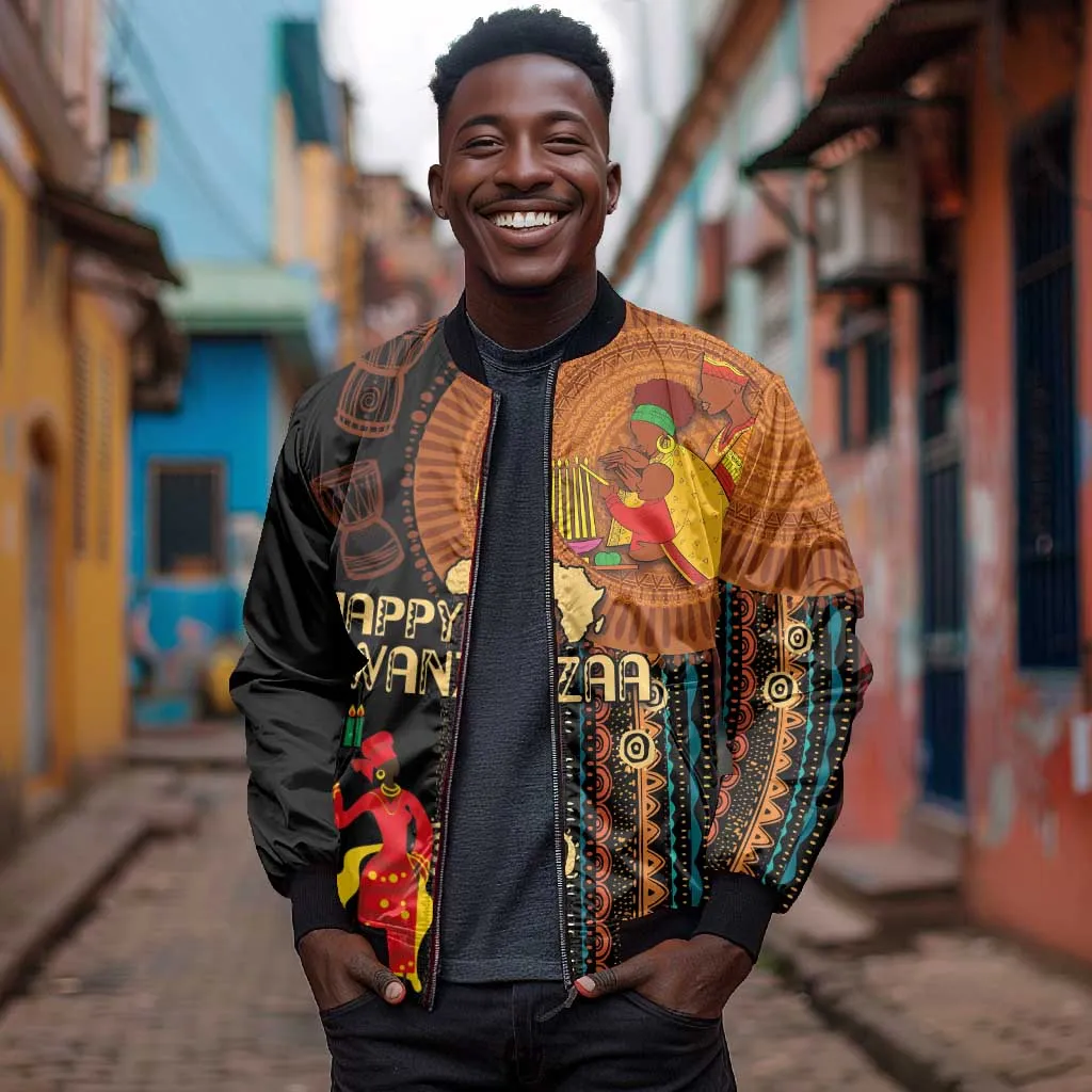 Happy Kwanzaa African Sleeve Zip Bomber Jacket - Tribal Pattern LT03