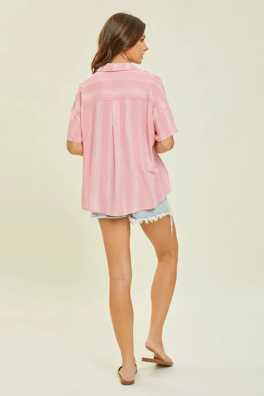 Hazel Blues® |  Light Airy Stripe Gauze Button Down Shirt in Pink