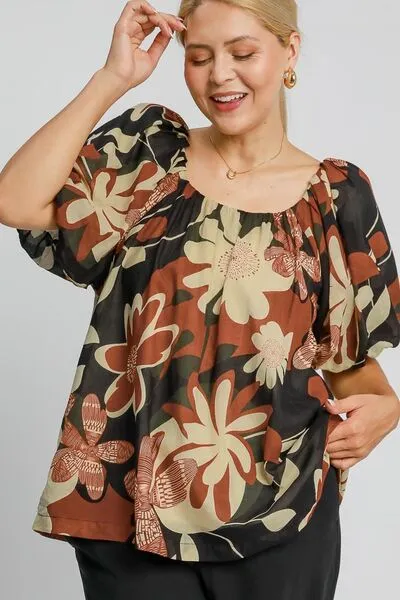 Hazel Blues® | Umgee Print Round Neck Puff Sleeve Top