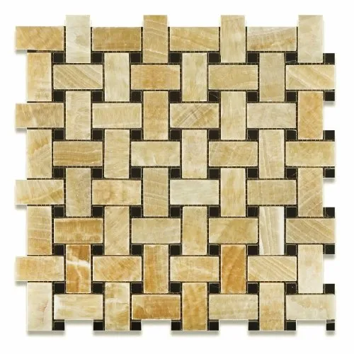 Honey Onyx Polished Basketweave Mosaic Tile w/ Black Dots (6" X 6" Sample)