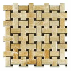 Honey Onyx Polished Basketweave Mosaic Tile w/ Black Dots (6" X 6" Sample)
