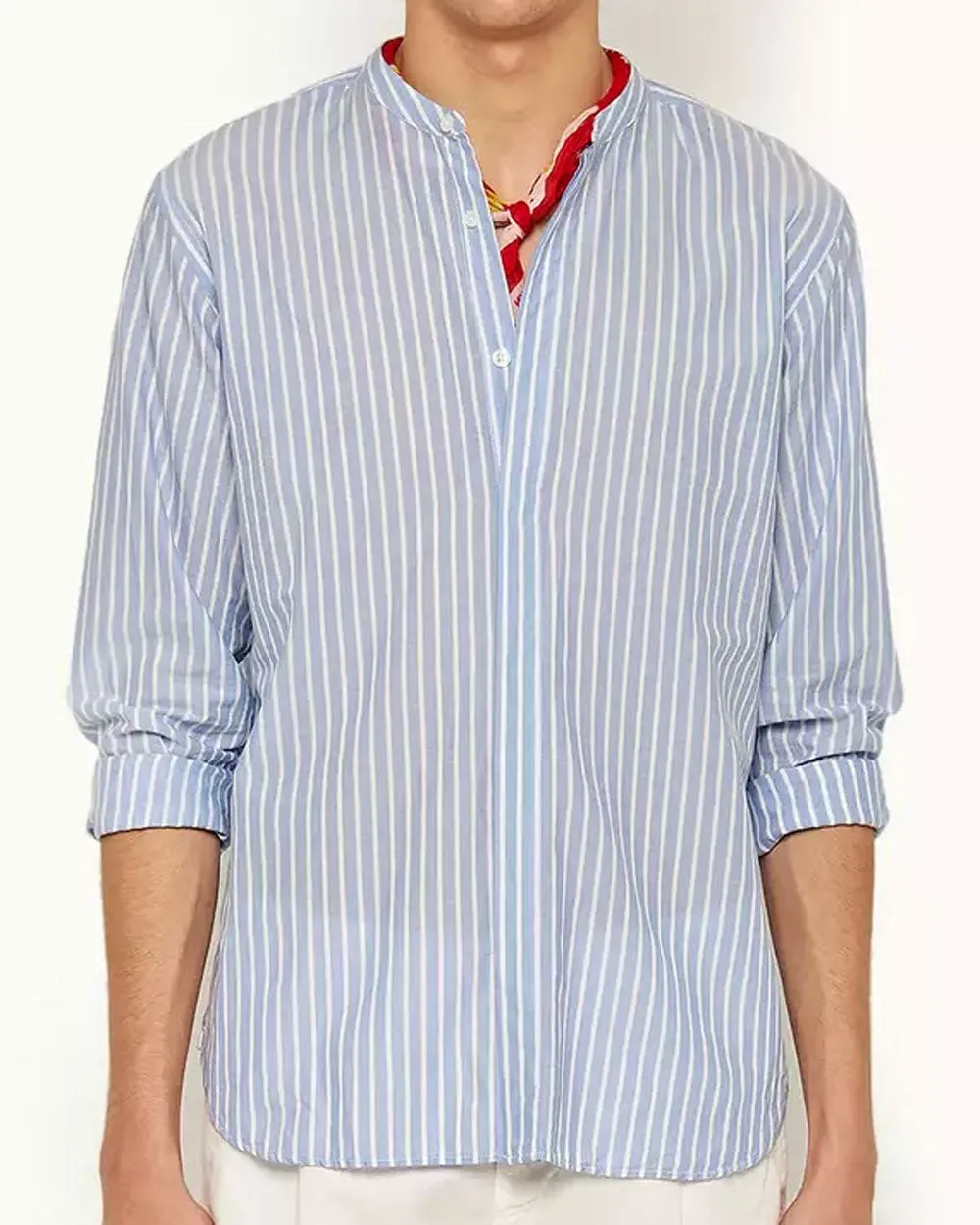 Ice Blue and White Grandad Collar Classic Stripe Shirt