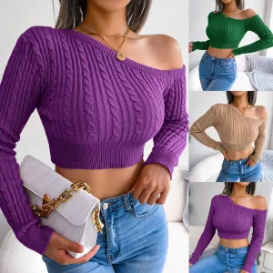 Ins Women's Sweaters 2024 Winter Sublimation Thrift Custom Knitted Winter Woolen Fall Sweaters Cropped Sweater Women Twisted Cable Off-Shoulder Long Sleeve Cropped Knitted Sweater  C-240805-5