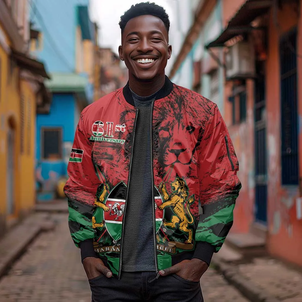 Jamhuri Ya Kenya Sleeve Zip Bomber Jacket African Lion - Coat Of Arms LT15