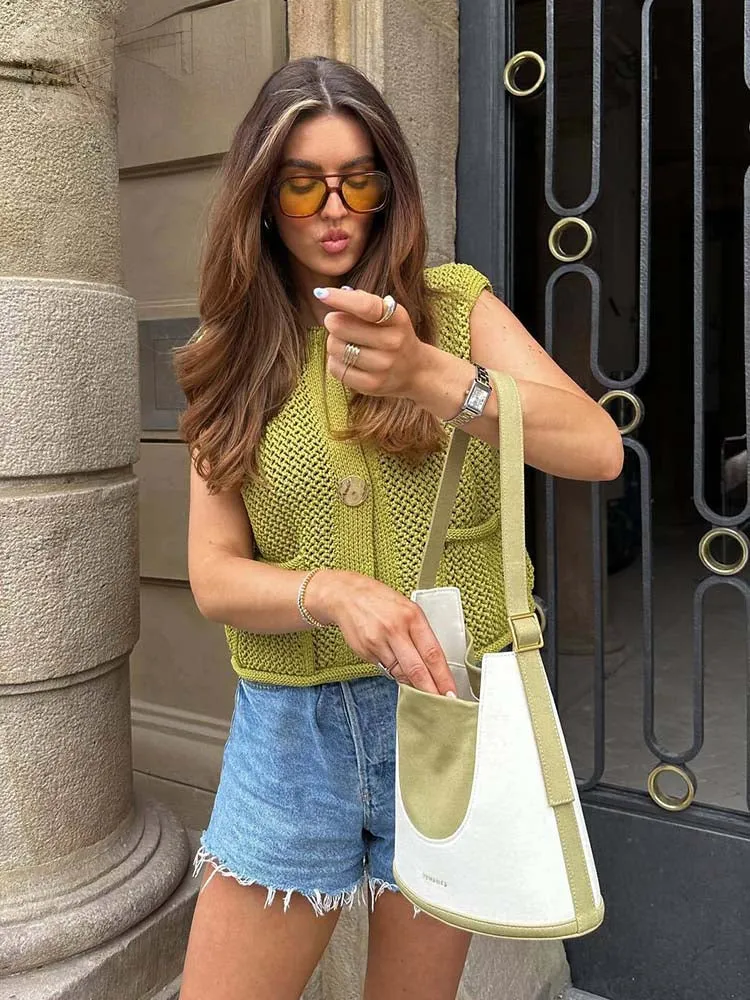 JazzHer Women Knitted Vest Fashion Cropped Sweaters Vests for Women Sleeveless Casual Female Chic Single Breasted Waistcoat Top Female