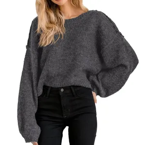 Jumppmile Womens Cropped Sweater Crewneck Fall Long Sleeve Oversized Casual Loose Knit Pullover Jumper Tops Grey S