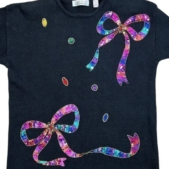 Karen Scott Women’s Vintage Sequin and Jewel Black Sweater Size Large