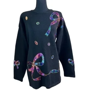 Karen Scott Women’s Vintage Sequin and Jewel Black Sweater Size Large