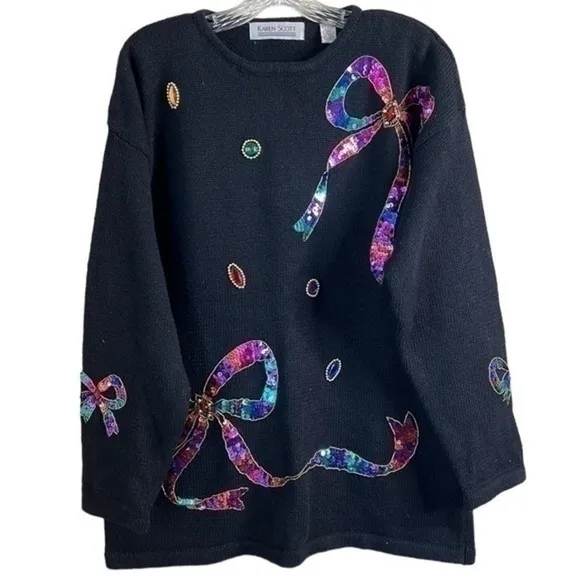 Karen Scott Women’s Vintage Sequin and Jewel Black Sweater Size Large