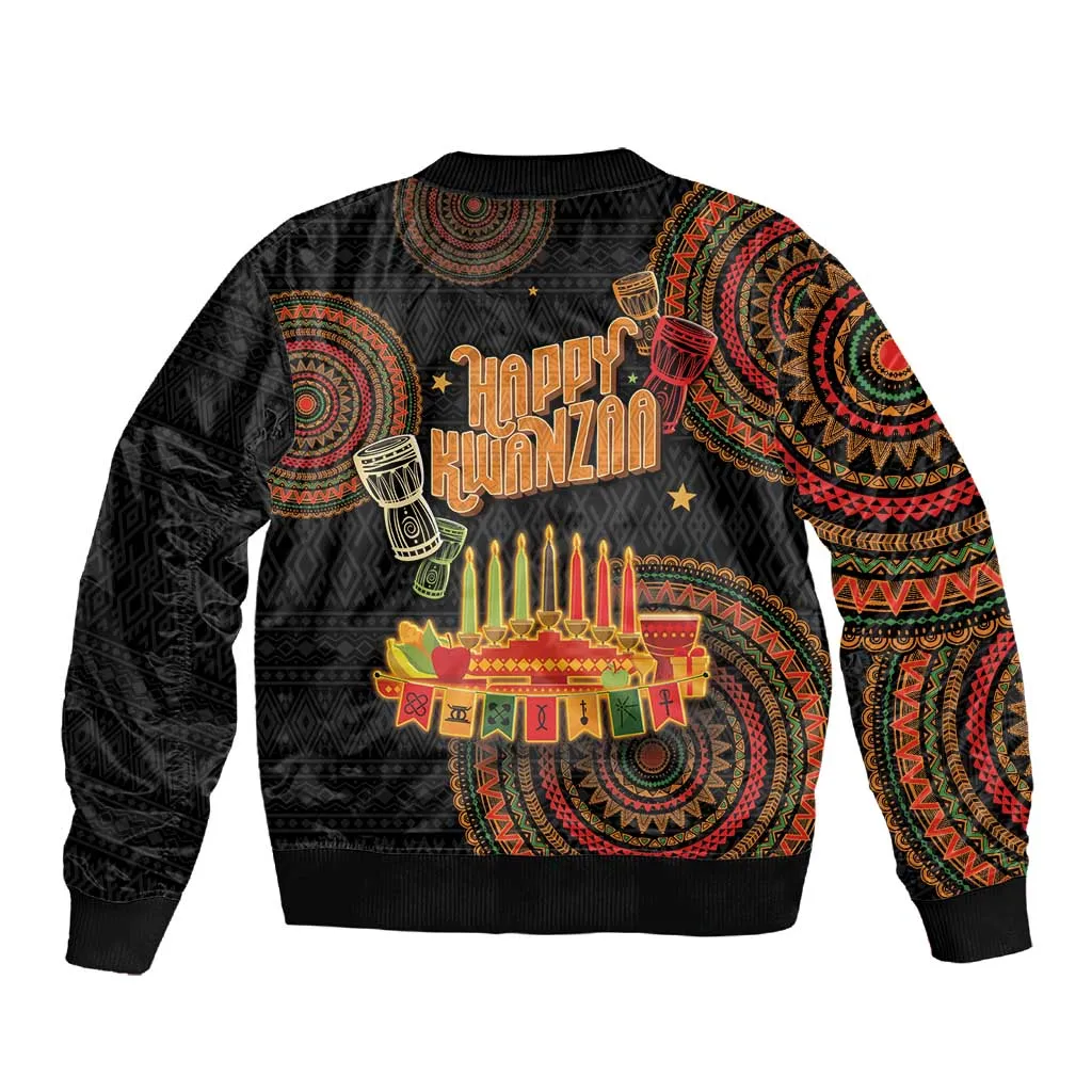 Kwanzaa Kinara Candles Sleeve Zip Bomber Jacket African Tribal Pattern LT05