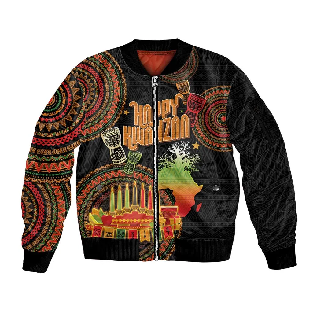 Kwanzaa Kinara Candles Sleeve Zip Bomber Jacket African Tribal Pattern LT05