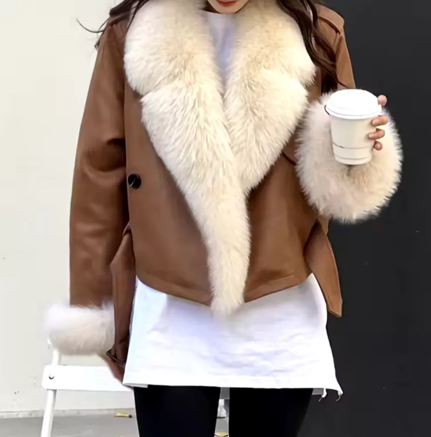 Lada | Oversized Leather Crop Jacket Fox Fur Collar