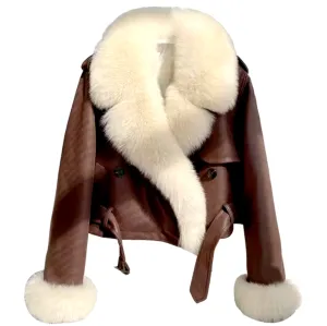 Lada | Oversized Leather Crop Jacket Fox Fur Collar