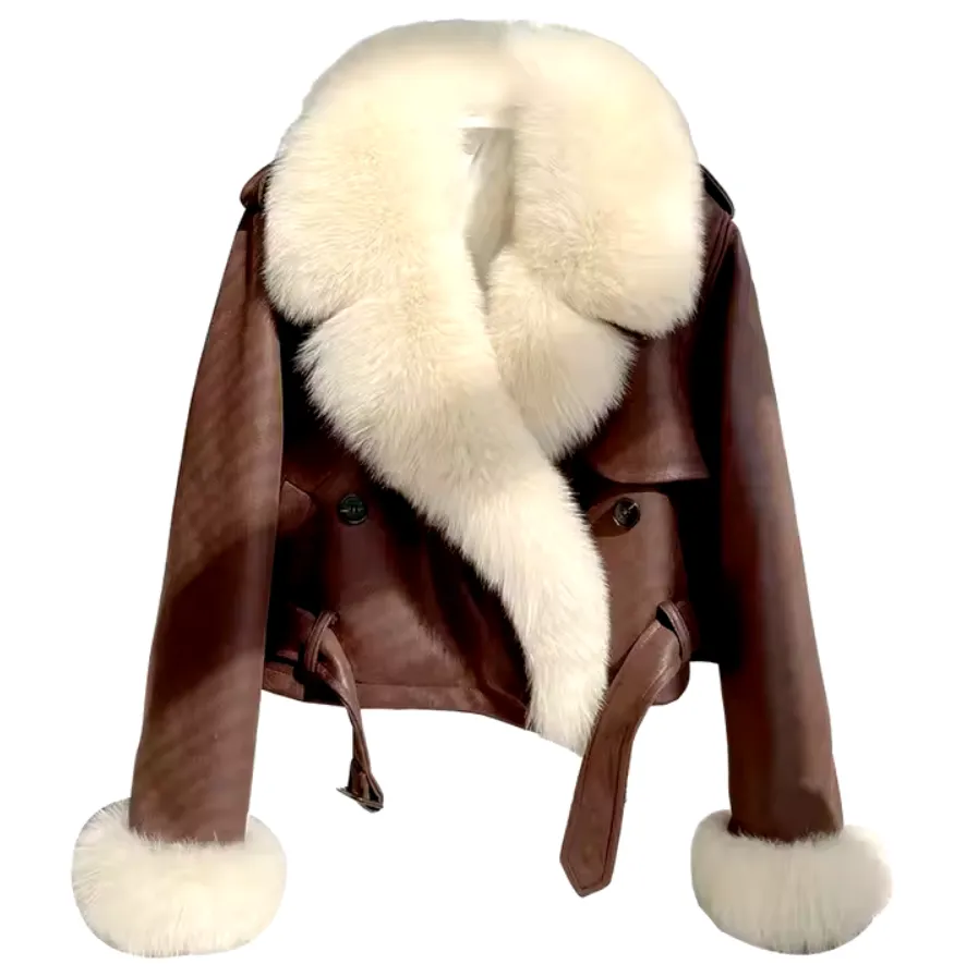 Lada | Oversized Leather Crop Jacket Fox Fur Collar