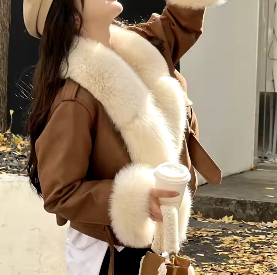 Lada | Oversized Leather Crop Jacket Fox Fur Collar