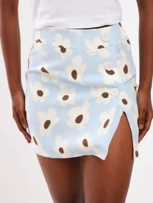 Ladies Floral Wrap Mini Skirt - Light Blue